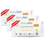 Three packages of Eco by Naty compostable wipes on a white background