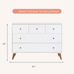 dadada Austin 5-Drawer Dresser for Nursery and Bedroom - Modern Design, Large Storage, Baby-Safe Finish, Soft Close Drawers, Anti-Tip Safety, Solid Wood Feet, Durable Construction (White+Walnut)