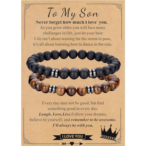 RANKEEF Tiger Eye Bracelet For Men 8MM Natural Stone Beads Bracelet Set Stretch Lava Rock Bracelets Adjustable Black Crystal Beaded Bracelet for Men Women Gifts