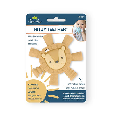 Itzy Ritzy - Ritzy Teether for Molars - Massages Sore Gums & Reaches Back Molars - Silicone Baby Teething Toy with Multiple Textures & Flexible Design - Teething Relief for 3 Months & Up (Lion)