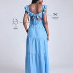 Motherhood Maternity Women's V-Neck Babydoll Ruffle Sleeve Tie-Back Maternity Maxi Pregnancy Dress, Chambray, Small