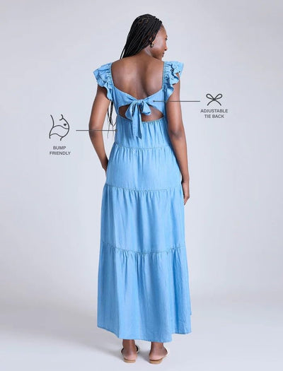 Motherhood Maternity Women's V-Neck Babydoll Ruffle Sleeve Tie-Back Maternity Maxi Pregnancy Dress, Chambray, Small