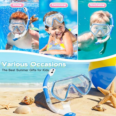 Kids Snorkel Set, Unisex Kids Swimming Goggles, Anti-Fog Diving Mask and Dry Top Snorkel Combo Set for Kids 3-14 (Blue)
