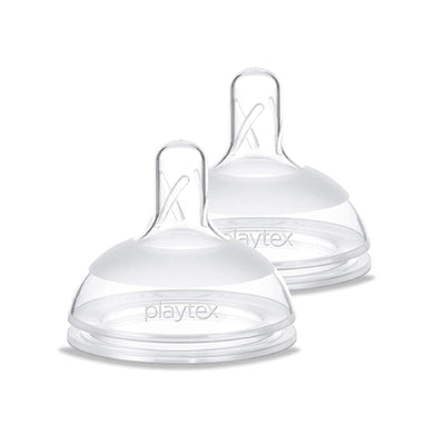 Two Playtex baby bottle nipples on a white background