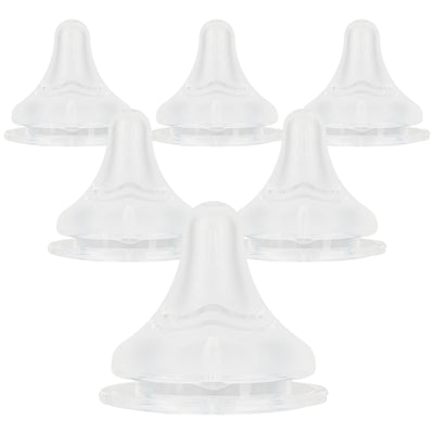 A set of six silicone bottle nipples for babies, laid out on a white background.