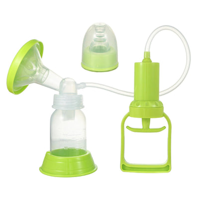 Green manual breast pump with clear bottle on a white background