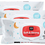 Multiple packages of 365 Soft & Strong baby wipes on a white background