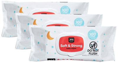 Multiple packages of 365 Soft & Strong baby wipes on a white background