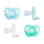 Tommee Tippee Ultra-Light Silicone Pacifier, 0-6 Months, Symmetrical One-Piece Design, BPA-Free Silicone Binkies, Blue/Green/Clear, Pack of 4