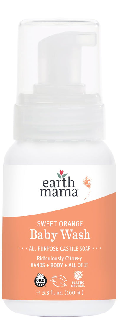 Earth Mama Sweet Orange Baby Wash bottle on a white background