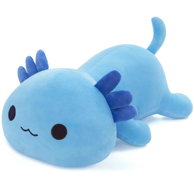 Blue axolotl plush toy on a white background