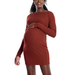 Motherhood Maternity Women's Long Sleeve Rib Knit Mini Pregnancy Bodycon Dress, Brandy Brown, Small