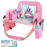 MENZOKE Kids Travel Tray for Toddler Car Seat, Lap Tray for Girl Activities with Dry Erase Board & Cooler Cup Holder, Road Trip Essentials Accessories with No-Drop Large Tablet iPad Holder Stand,Pink