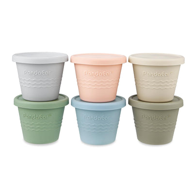 Set of four colorful cups with lids on a white background, featuring the brand 'Pandacar'.