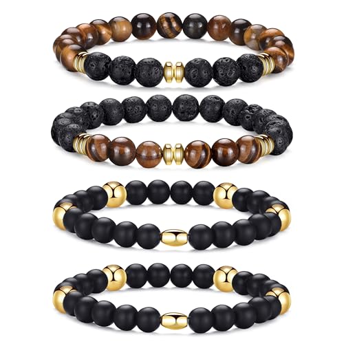 RANKEEF Tiger Eye Bracelet For Men 8MM Natural Stone Beads Bracelet Set Stretch Lava Rock Bracelets Adjustable Black Crystal Beaded Bracelet for Men Women Gifts