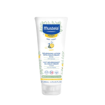 Mustela nourishing lotion with cold cream on a white background