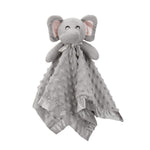 Gray elephant plush toy with a blanket on a white background