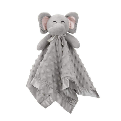 Gray elephant plush toy with a blanket on a white background