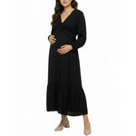 Motherhood Maternity Women's V-Neck Long Puff Sleeve Ruffle Midi Pregnancy Dress, Black, Small