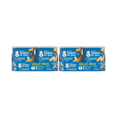 Four containers of Gerber Lil Crunchies snacks for babies on a white background