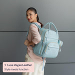 BabbleRoo Leather Diaper Bag Backpack - Baby Essentials Travel Baby Bag, Multi function, Waterproof, with Changing Pad, Stroller Straps & Pacifier Case – Unisex, Powder Blue