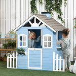 Outsunny Playhouse for Kids Outdoor, Country Style Wooden Playhouse with Flower Pot Holders, Working Door, Windows, Service Stations for 3-7 Years, Blue