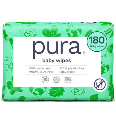 Pura baby wipes packaging with green design and text on a white background