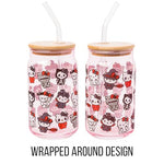Silver Buffalo Sanrio Hello Kitty and Friends Halloween Spooky Costumes Ghost Witch Vampire Zombie Frankenstein Skeleton Pink Glass Jar Tumbler with Bamboo Lid and Glass Straw, 16 Ounces