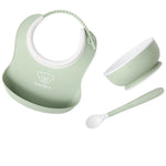 BabyBjörn Baby Feeding Set, 3 pcs, Powder Green | Includes Baby Plate, Baby Fork, Baby Spoon, and Baby Cup | Dishwasher Safe | Toddler Feeding Set for self-Feeding or Baby-led weaning