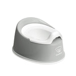 Gray and white baby potty seat with a visible brand logo on a white background