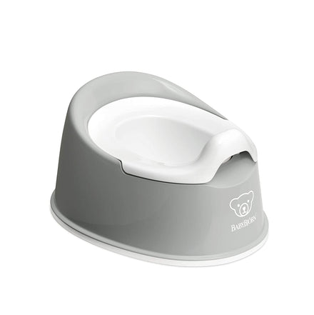 Gray and white baby potty seat with a visible brand logo on a white background