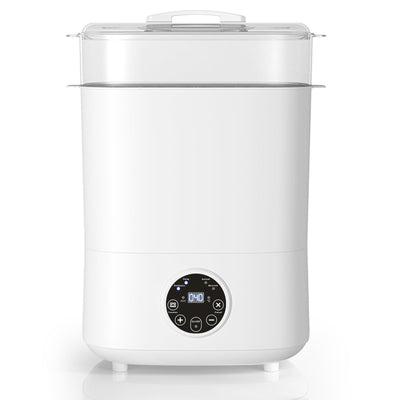 White baby bottle sterilizer with digital display on a white background
