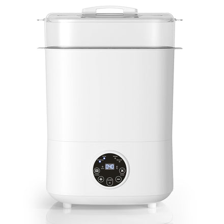 White baby bottle sterilizer with digital display on a white background