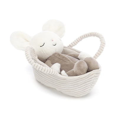 Plush mouse toy in a white basket on a white background