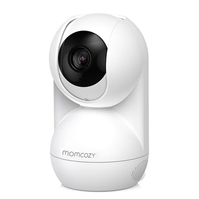 White security camera with black lens on a white background, branded 'momcozy'.
