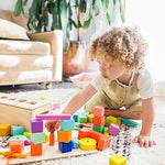 LOVEVERY | The Block Set | Solid Wood Building Blocks and Shapes + Wooden Storage Box, 70 Pieces, 18 Colors, 20+ Activities, Toddler Block Set and Converts into a Pull Car, Ages 12 to 48+ months