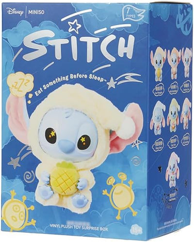 Stitch plush toy packaging with blue background and multiple Stitch figures.