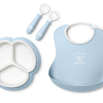 BabyBjörn Mealtime Set, 4 pc, Powder Blue | Includes Baby Plate, Baby Fork, Baby Spoon, and Baby Cup | Dishwasher Safe | Toddler Feeding Set for self-Feeding or Baby-led weaning