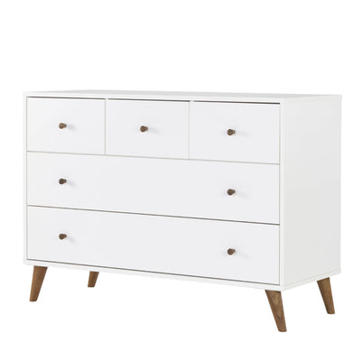 dadada Austin 5-Drawer Dresser for Nursery and Bedroom - Modern Design, Large Storage, Baby-Safe Finish, Soft Close Drawers, Anti-Tip Safety, Solid Wood Feet, Durable Construction (White+Walnut)