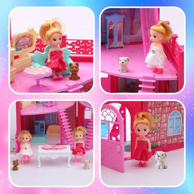 BRAITEN Doll House, with 4 Rooms, 2 Dolls, Toy Furniture Accessories, Pet Play Area，Slide Dollhouse Dlayset, Dollapsible Portable Playhouse with Lights for Little Girls