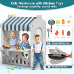 BIERUM Kids Playhouse with Cute Kids Pretend Play Kitchen Toys Set, Outdoor Playhouse for Toddlers Aged 1-3, with Windows, Door Curtains and Foldable Stand and Play Platform Blue