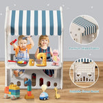 BIERUM Kids Playhouse with Cute Kids Pretend Play Kitchen Toys Set, Outdoor Playhouse for Toddlers Aged 1-3, with Windows, Door Curtains and Foldable Stand and Play Platform Blue