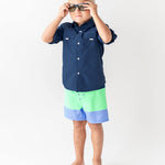 RUGGEDBUTTS Boys UPF50+ Sun Protection Striped Color Block Swim Trunks - Mint & Blue, 3T