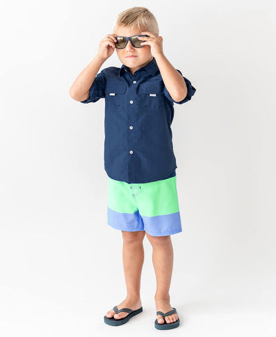 RUGGEDBUTTS Boys UPF50+ Sun Protection Striped Color Block Swim Trunks - Mint & Blue, 3T