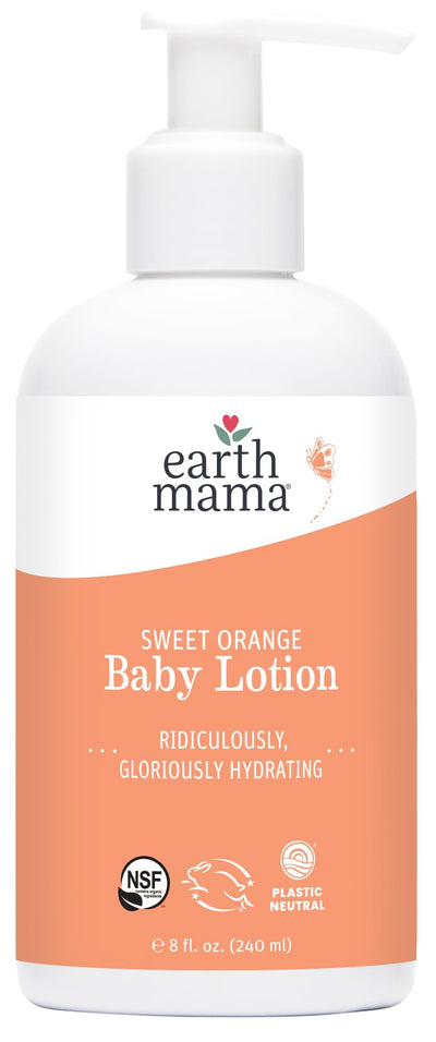 Earth Mama Sweet Orange Baby Lotion bottle on a white background