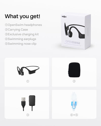 SHOKZ OpenSwim - MP3 Waterproof Headphones for Swimming - Not Bluetooth Compatible - Built-in MP3 Player with Storage for 1200 Songs - Open-Ear Wireless Headphones, with Nose Clip and Earplug (Black)