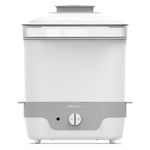 White and gray baby bottle sterilizer with 'The First Years' branding on a white background
