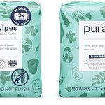 Pura Baby Wipes 3 x 60 per pack (180 Wipes) 100% Plastic-Free & Plant Based Wipes, 99% Water, Suitable for Sensitive & Eczema-prone Skin, Fragrance Free & Hypoallergenic, EWG, Cruelty Free (Pack of 2)