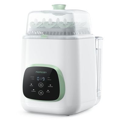 White and green baby bottle sterilizer with digital display on a white background
