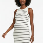 Motherhood Maternity Women's Sleeveless Racerback Rib Knit Midi Pregnancy Bodycon Dress, Vanilla/Black Stripe, Large
